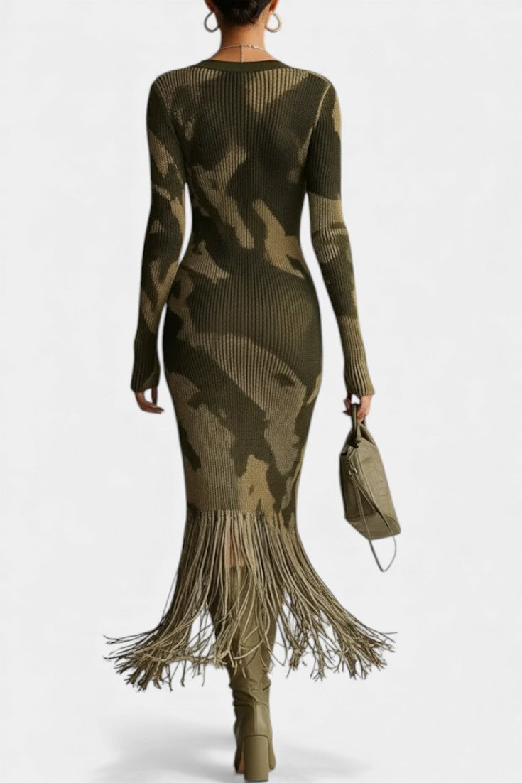 Neele Robe Midi Texturée Camouflage Olive à Franges & Col V