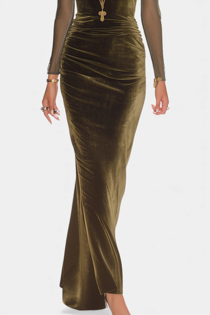 Rusina Robe Longue Olive à Manches Transparentes