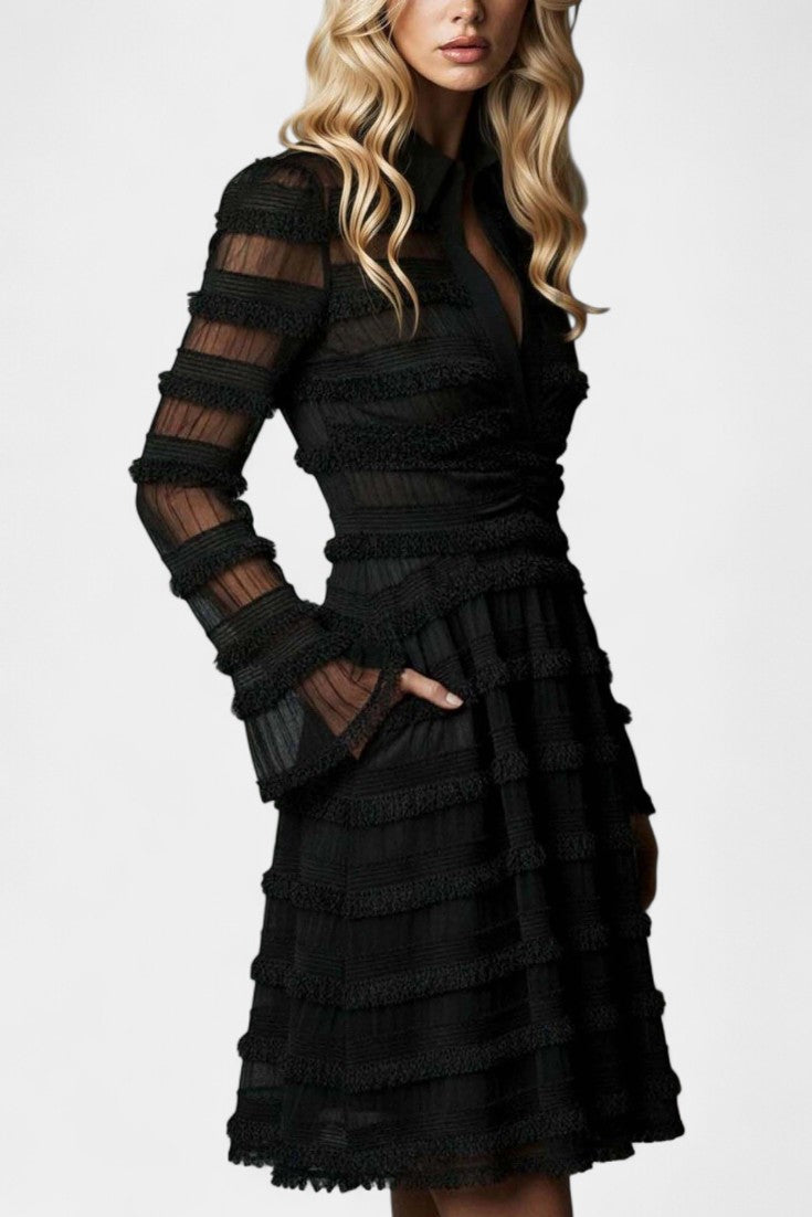 Émilienne Robe Courte Superposée Texturée Noire à Franges