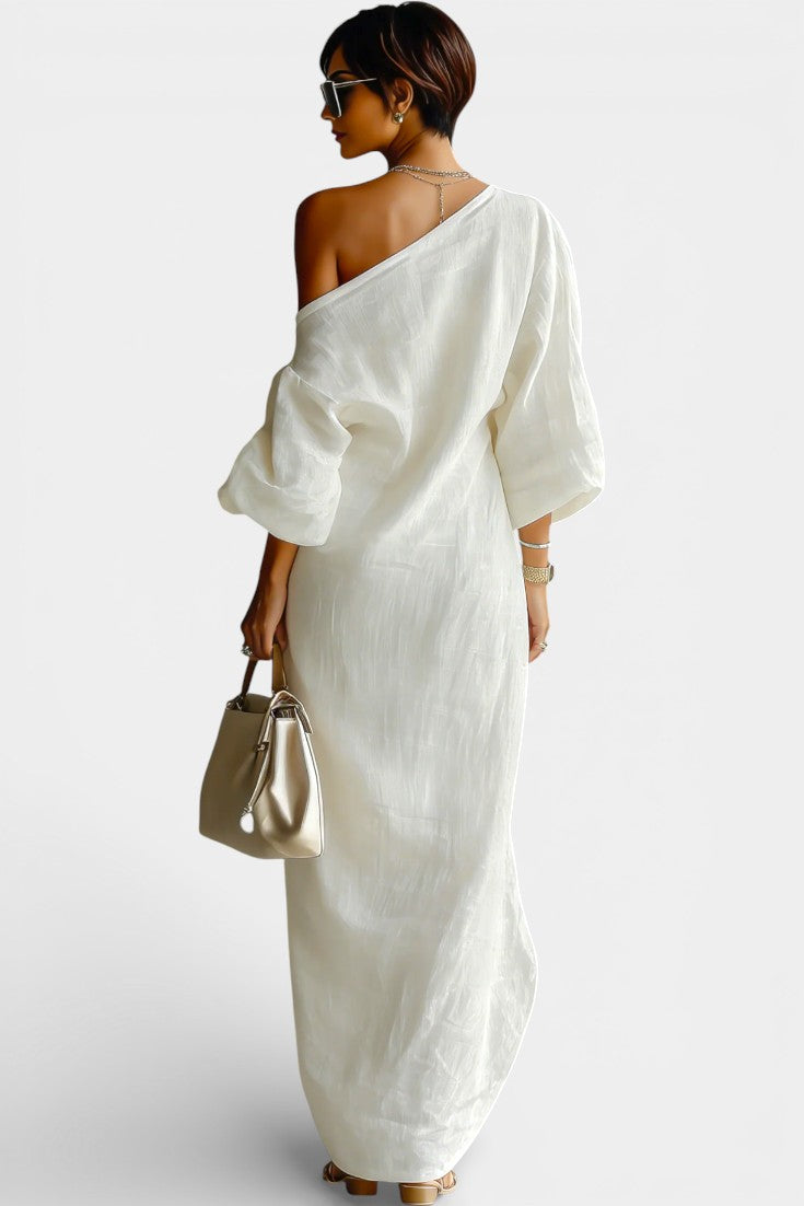 Lounaïs Robe Longue Fluide à Une Épaule en Mélange Coton-Lin Ivoire