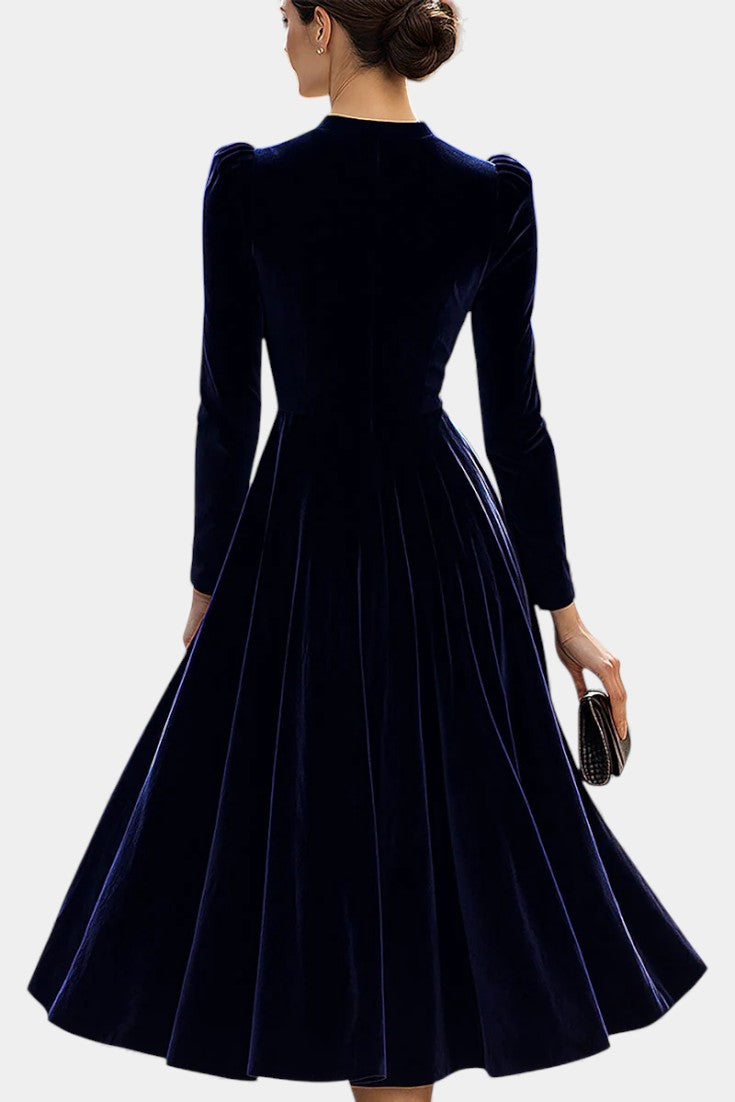 Zéliane Robe Midi en Velours Bleu Marine Luxueux