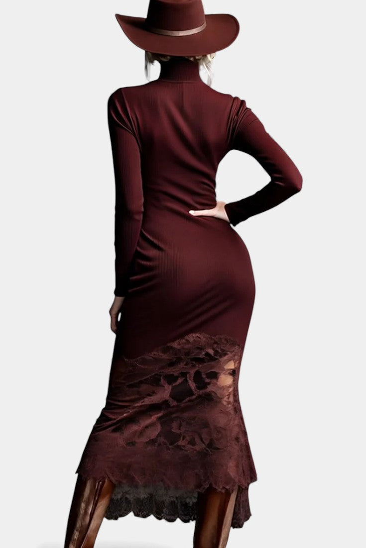 Avaria Robe Maxi Tricotée Bordeaux à Col Montant et Ourlet en Dentelle