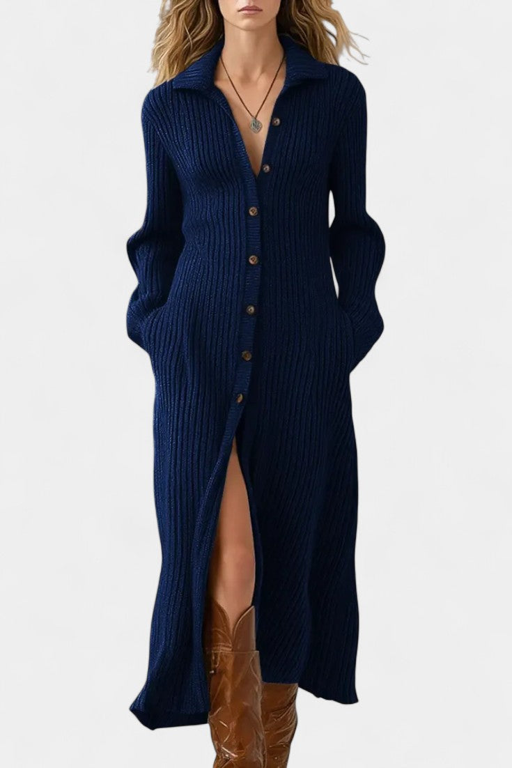 Thea Robe Longue en Maille à Col Chemise