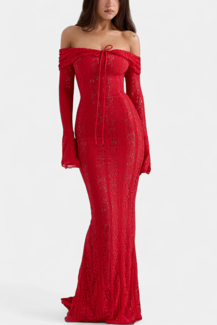 Rosalie Robe Taille Haute en Dentelle Off-Shoulder et Manches Évasées