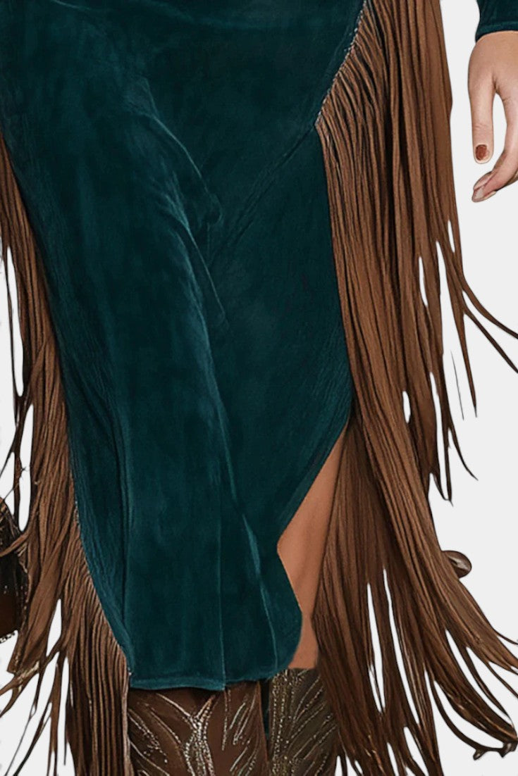 Ludivine Robe à Franges en Faux Suède Vert à Une Épaule