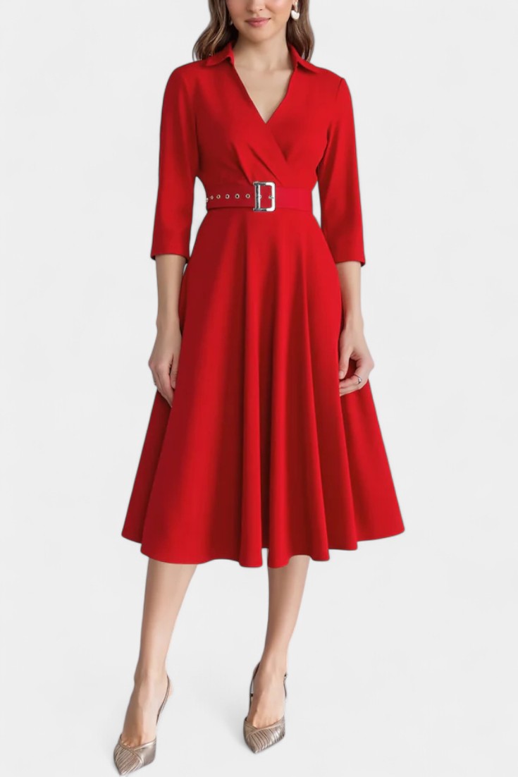 Constance Robe Midi Unie à Col Tailleur et Manches 3/4 Ceinturée
