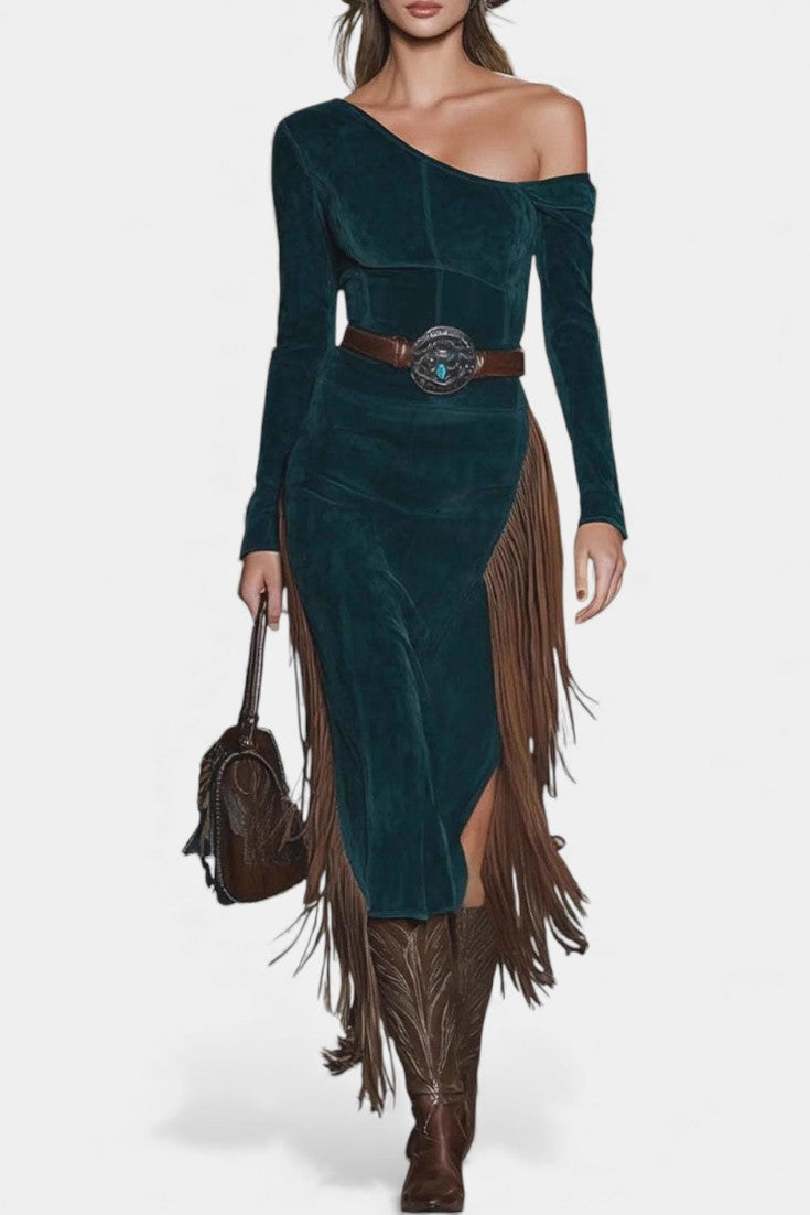 Ludivine Robe à Franges en Faux Suède Vert à Une Épaule
