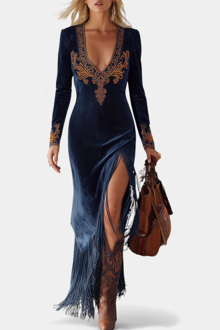 Raymonde Robe Longue avec Fente et Franges Brodées Ethniques