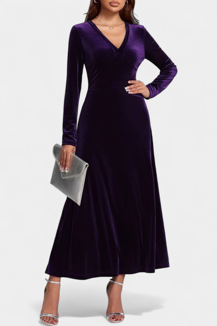 Alizée Robe Longue en Velours à Col en V et Coupe Évasée