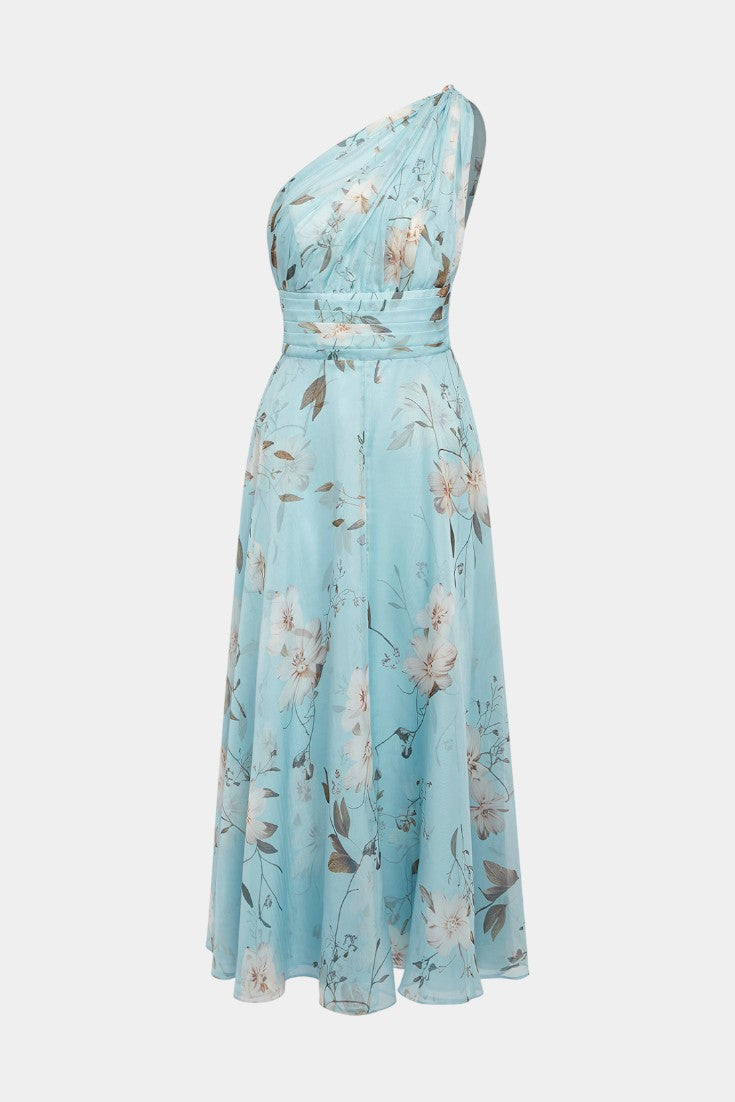 Lenay Robe Longue en Chiffon Plissé Fleuri Bleu Clair à Une Épaule