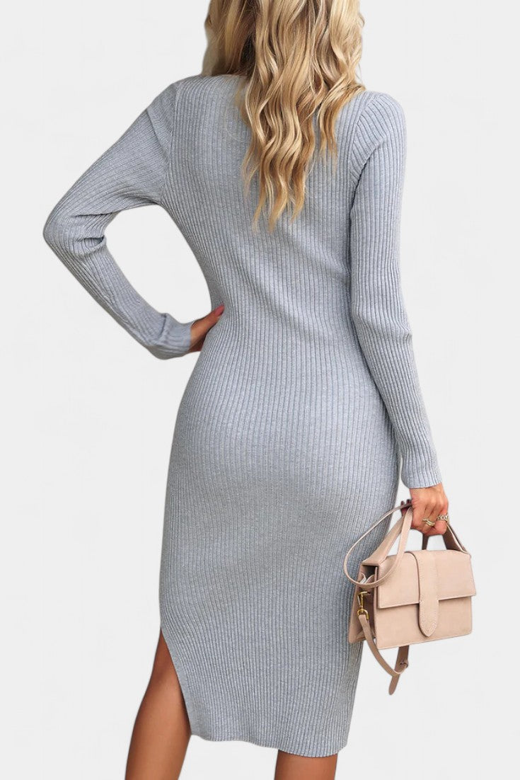 Élarine Robe Pull Midi Côtelée à Fente et Coupe Ajustée