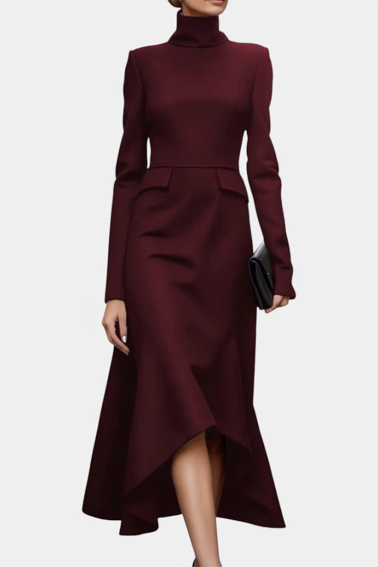 Géralda Robe Midi Ajustée à Manches Longues et Col Montant