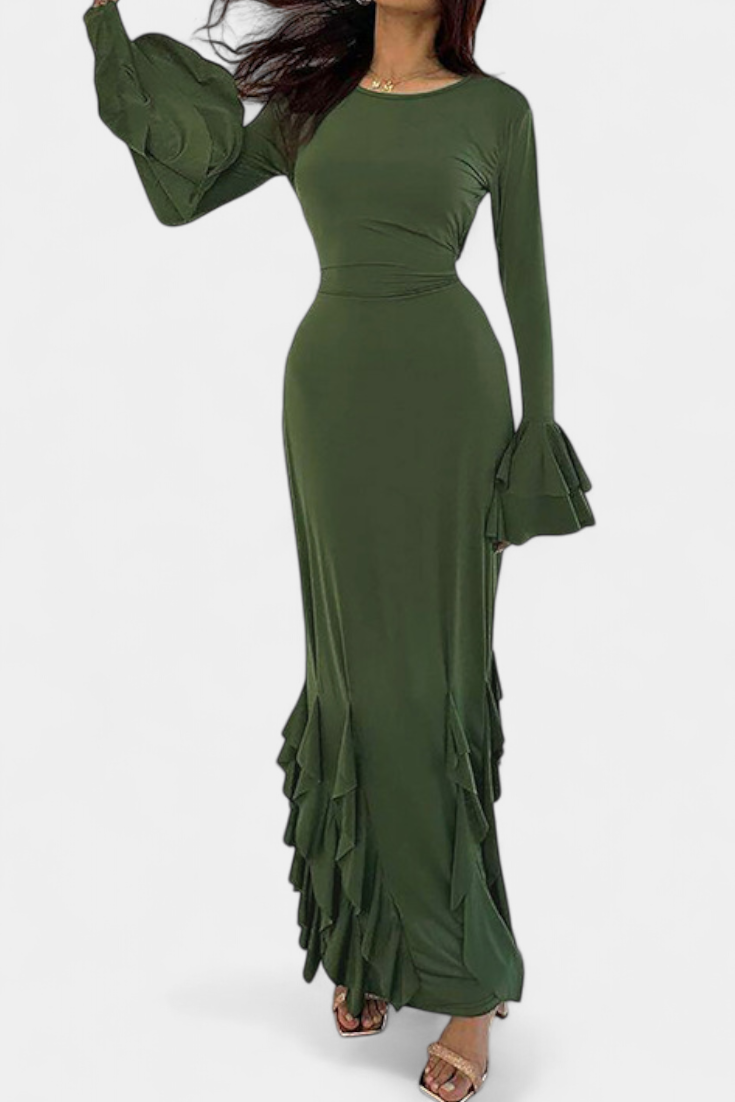 Calissa Robe Longue Ajustée à Manches Évasées et Volants en Cascade