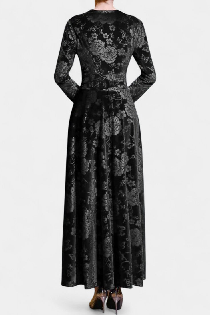 Ombeline Robe Longue en Velours à Col V et Motif Floral Texturé
