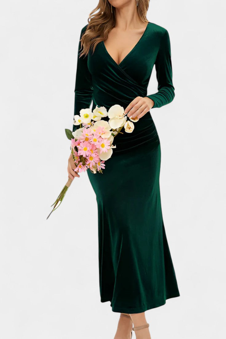 Hespérie Robe Longue en Velours à Fronces Asymétriques et Ourlet Sirène