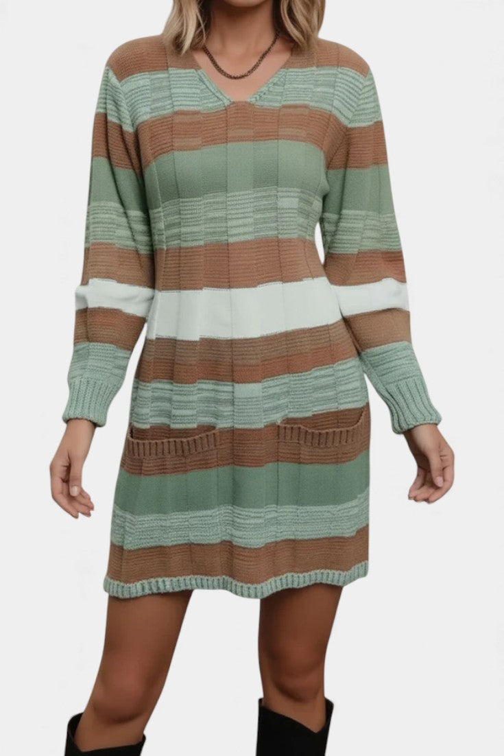 Lilas Robe Pull Tricotée à Rayures Colorées et Poches