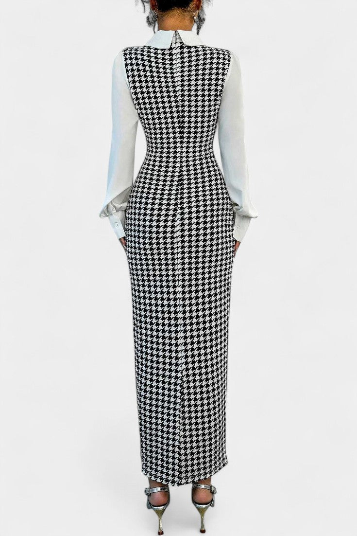 Claire Robe Maxi Patchwork à Imprimé Pied-de-Poule et Manches Bouffantes