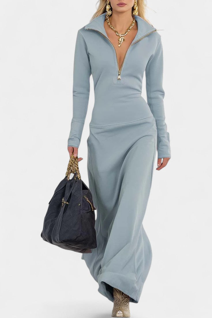 Nabila Robe Zippée Rose à Col en V et Coupe Ajustée
