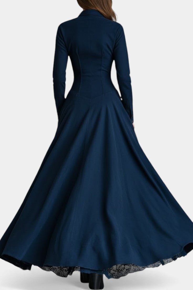 Maravilla Robe Longue en Suédine avec Col Chemise et Dentelle