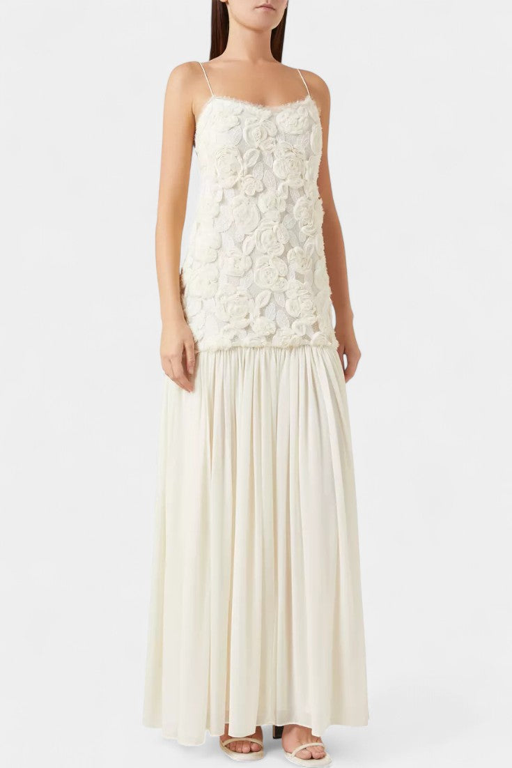 Palmita Robe Longue à Bodice Floral en Relief et Jupe en Mousseline