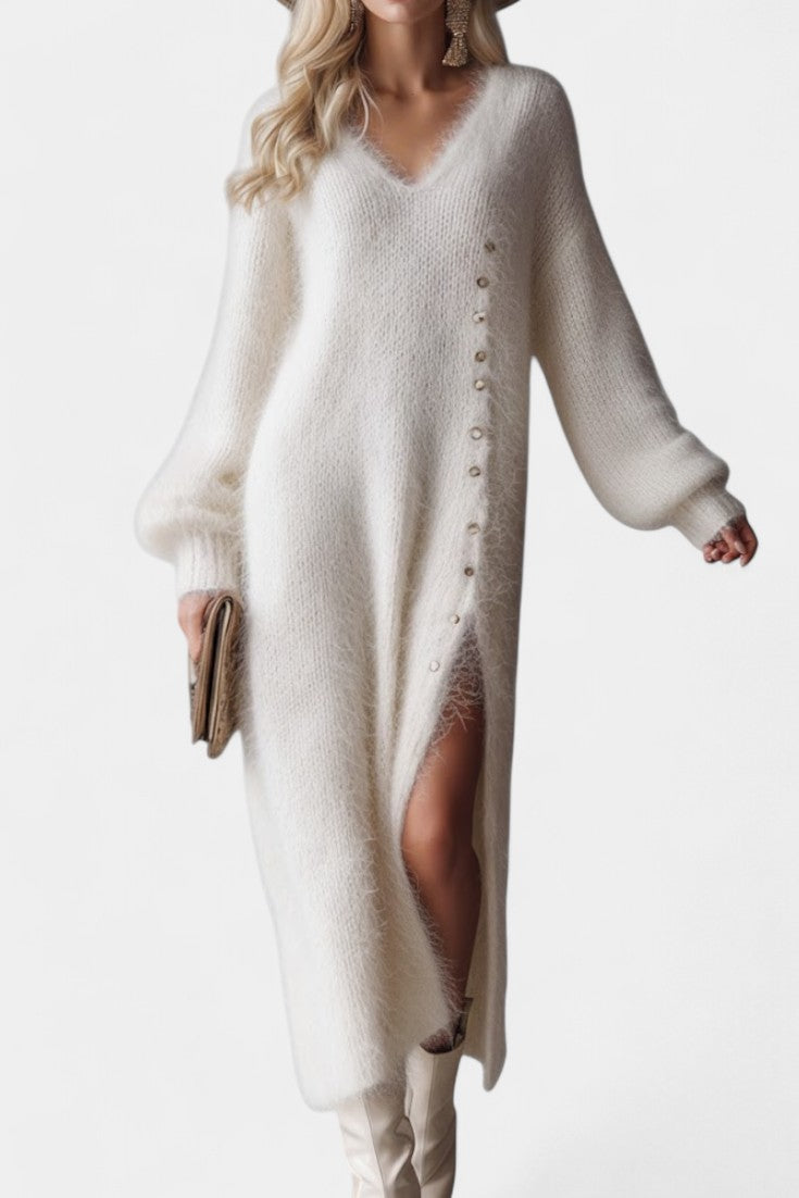 Méthilde Robe Midi Tricotée en Fourrure à Boutons Métalliques