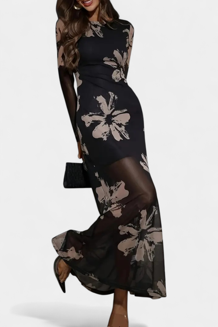 Aldona Robe Longue à Imprimé Floral et Froncé en Tulle
