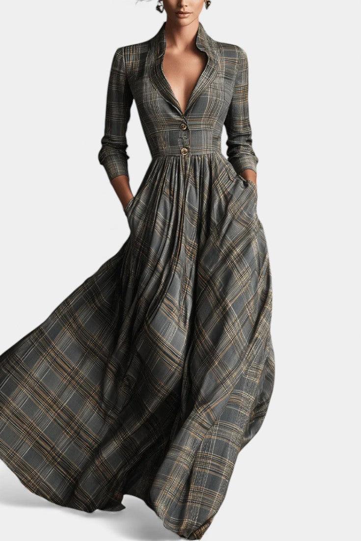 Philae Robe Longue Évasée à Motif Tartan Raffiné