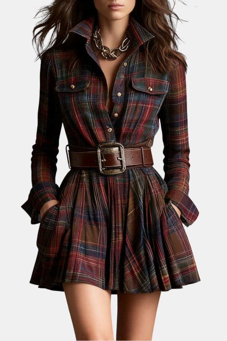 Bogdana Robe Mini Vintage à Carreaux avec Ceinture