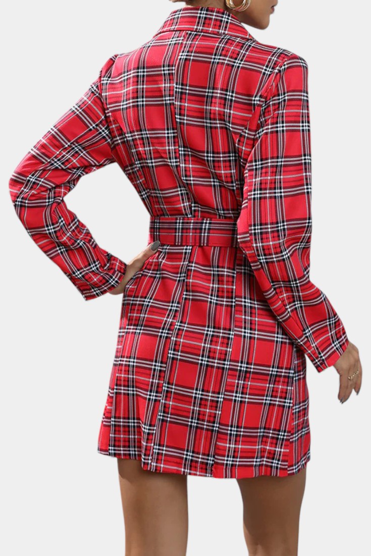 Maddy Robe Tailleur à Carreaux Pied-de-Poule avec Revers et Ceinture