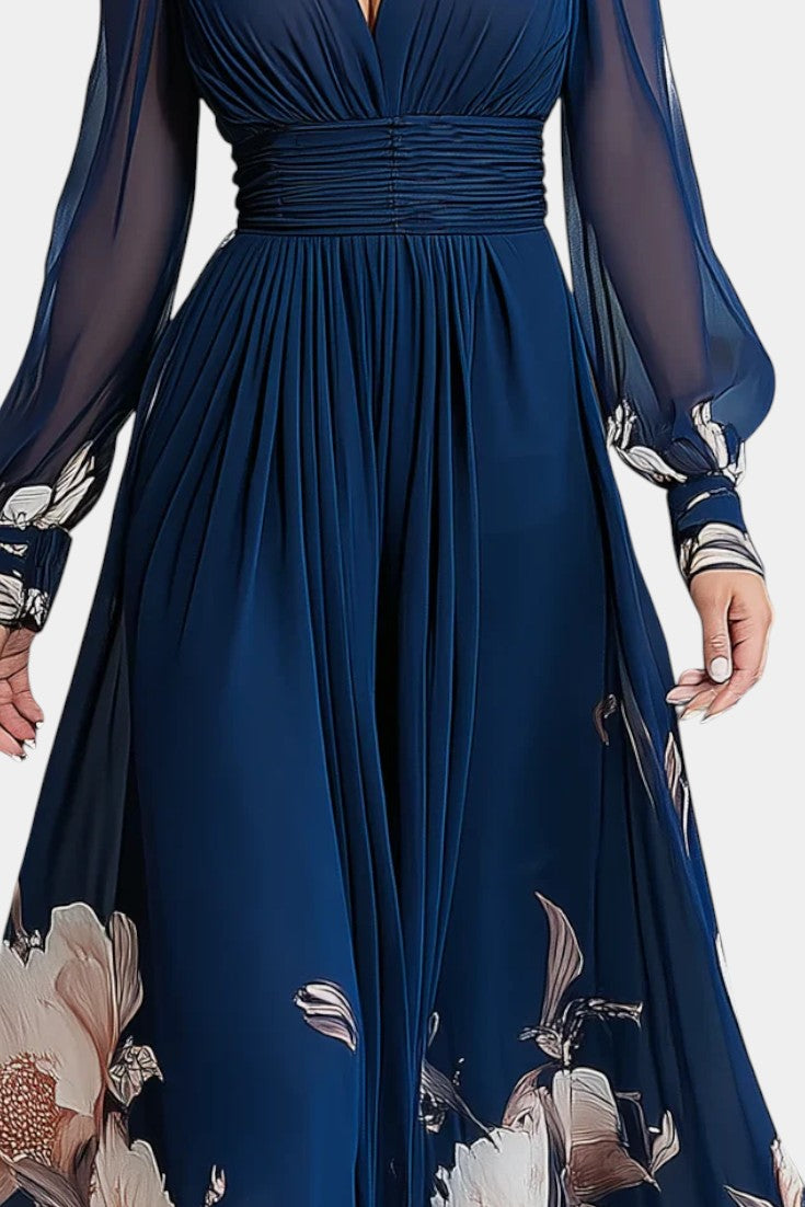 Ally Robe Longue Plissée Fleurie à Décolleté en V et Manches en Tulle
