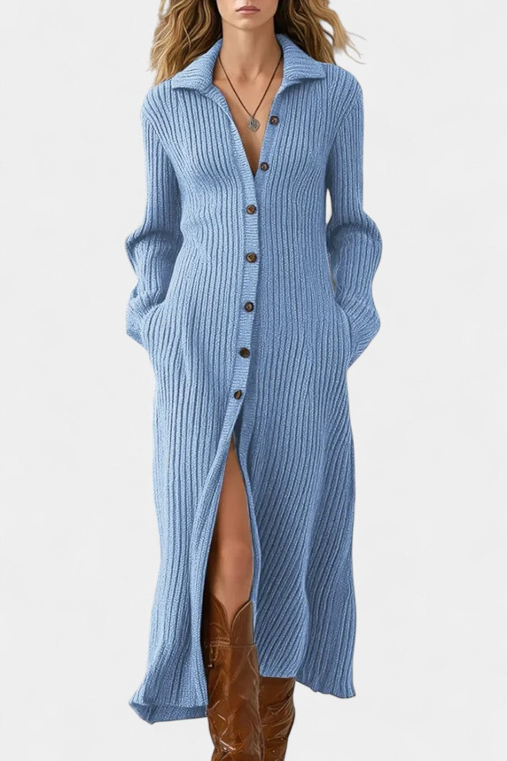 Thea Robe Longue en Maille à Col Chemise
