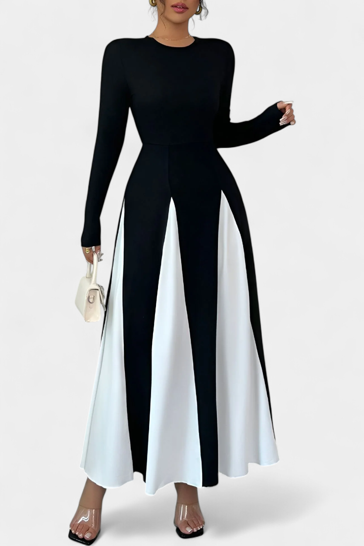 Veronique Robe Maxi Bicolore à Col Rond et Manches Longues