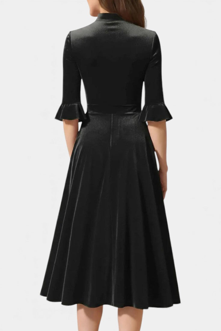 Domitille Robe Midi Vintage en Velours avec Manches Volantées et Nœud Élégant