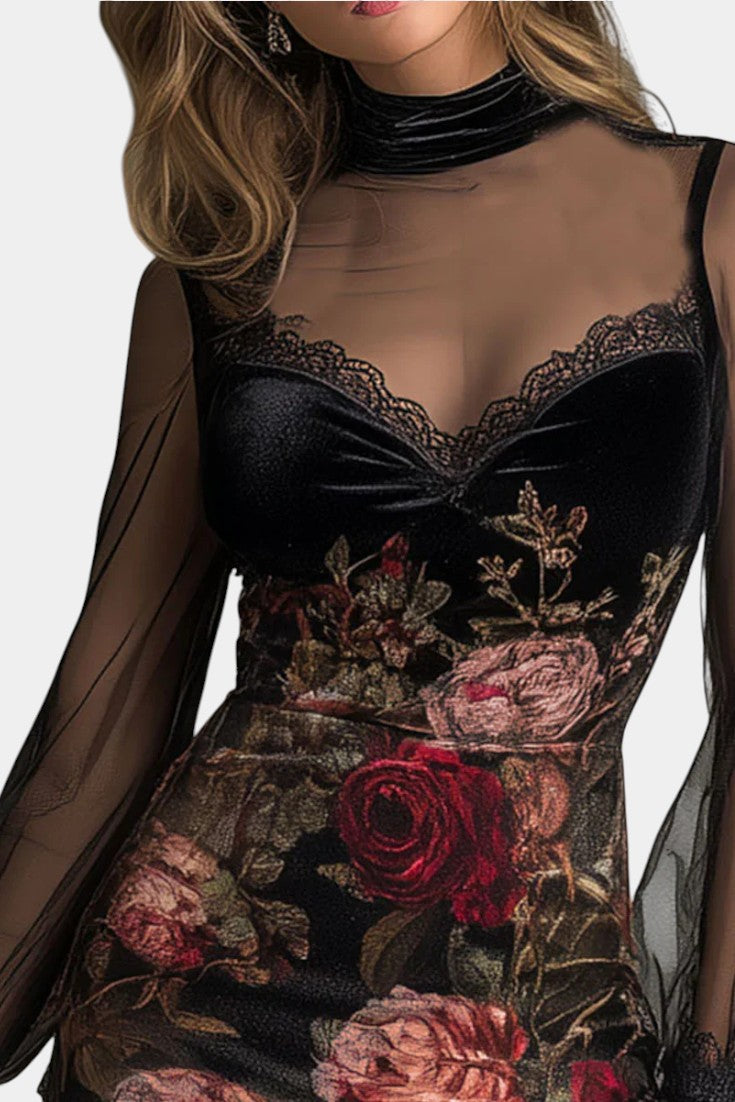 Kessy Robe Mini en Tulle avec Imprimé Rose en Velours et Dentelle