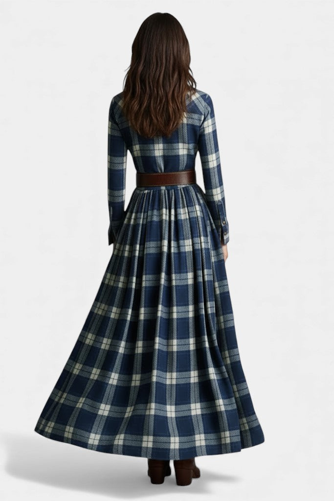 Eustelle Robe Maxi à Carreaux Bleu avec Col