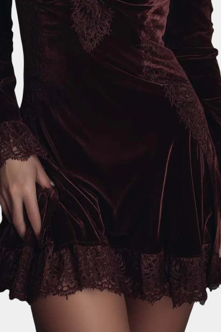 Aymeline Robe Mini en Velours Bordeaux avec Détails en Dentelle