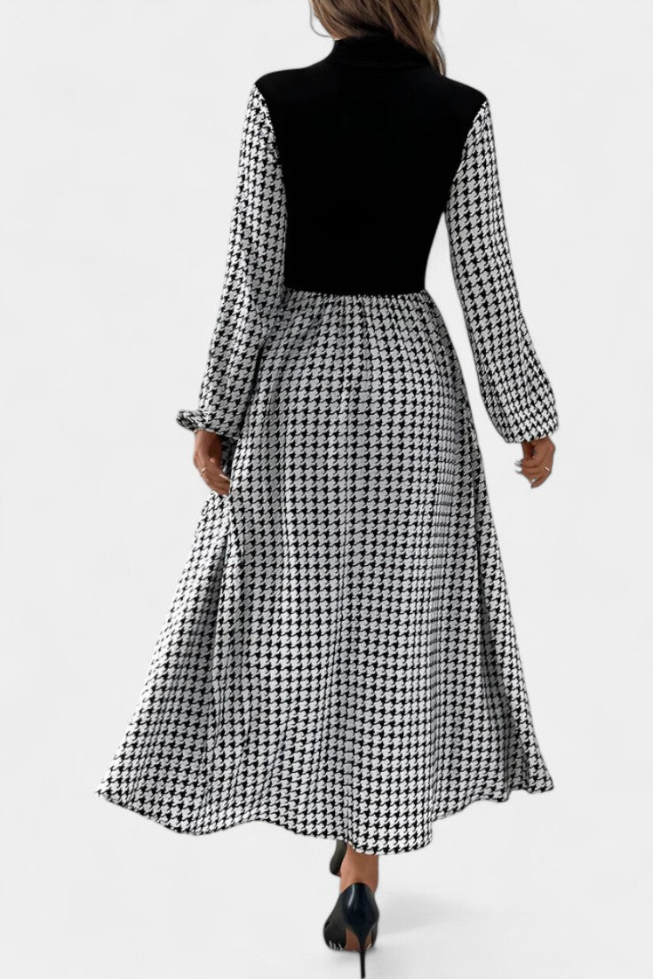Lauriane Robe Midi Évasée à Col Montant et Motif Pied-de-Poule