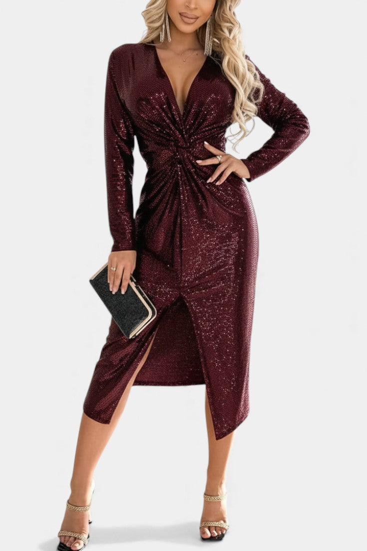 Sofina Robe Pailletée à Décolleté en V et Fente Élégante