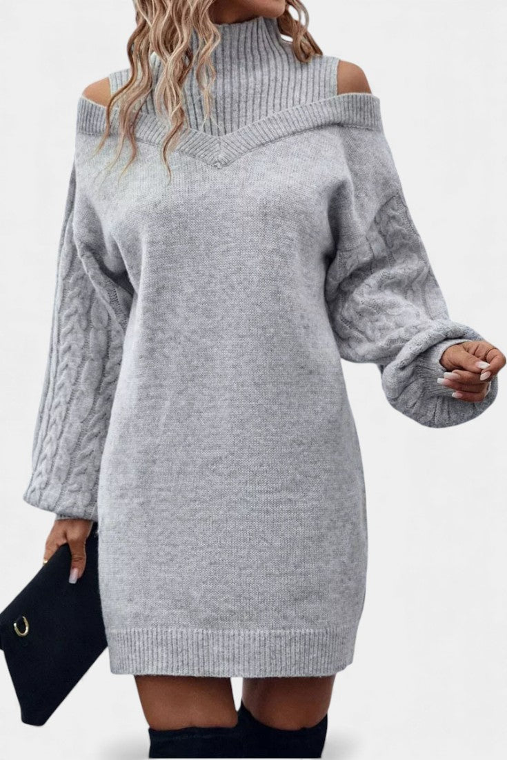 Léonisse Robe Pull Mini à Épaules Dégagées et Col Montant