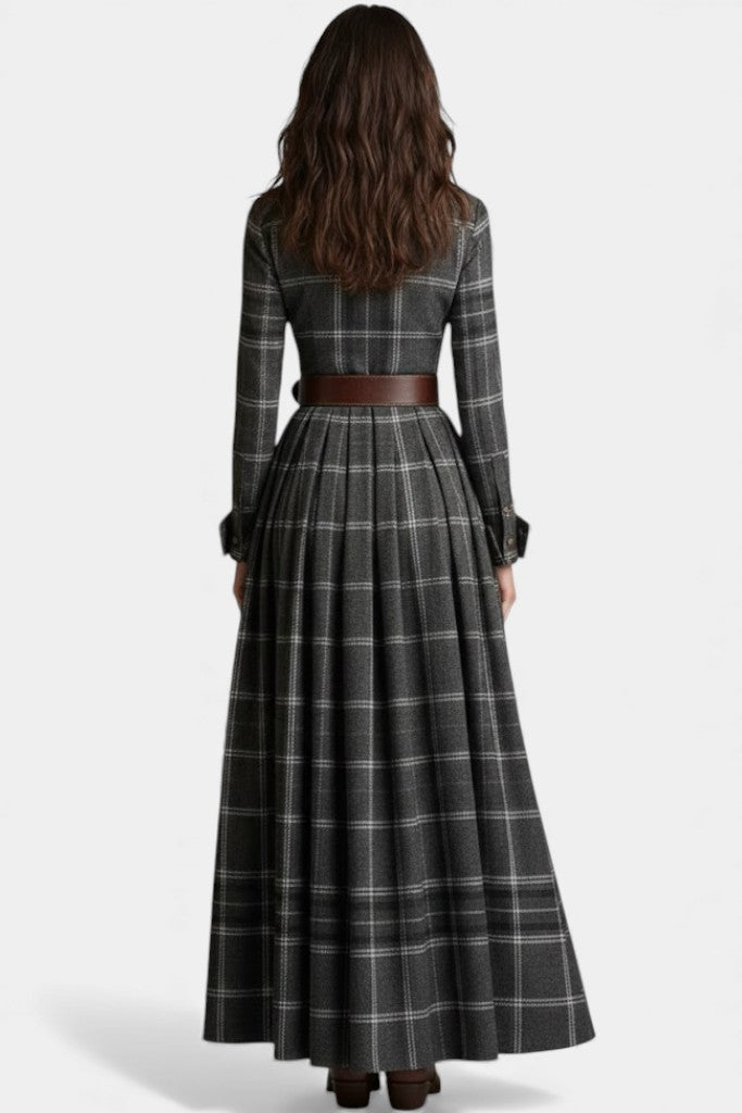 Eustelle Robe Maxi à Carreaux Gris avec Col