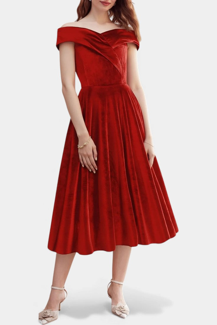 Maé Robe Vintage en Velours à Épaules Dénudées