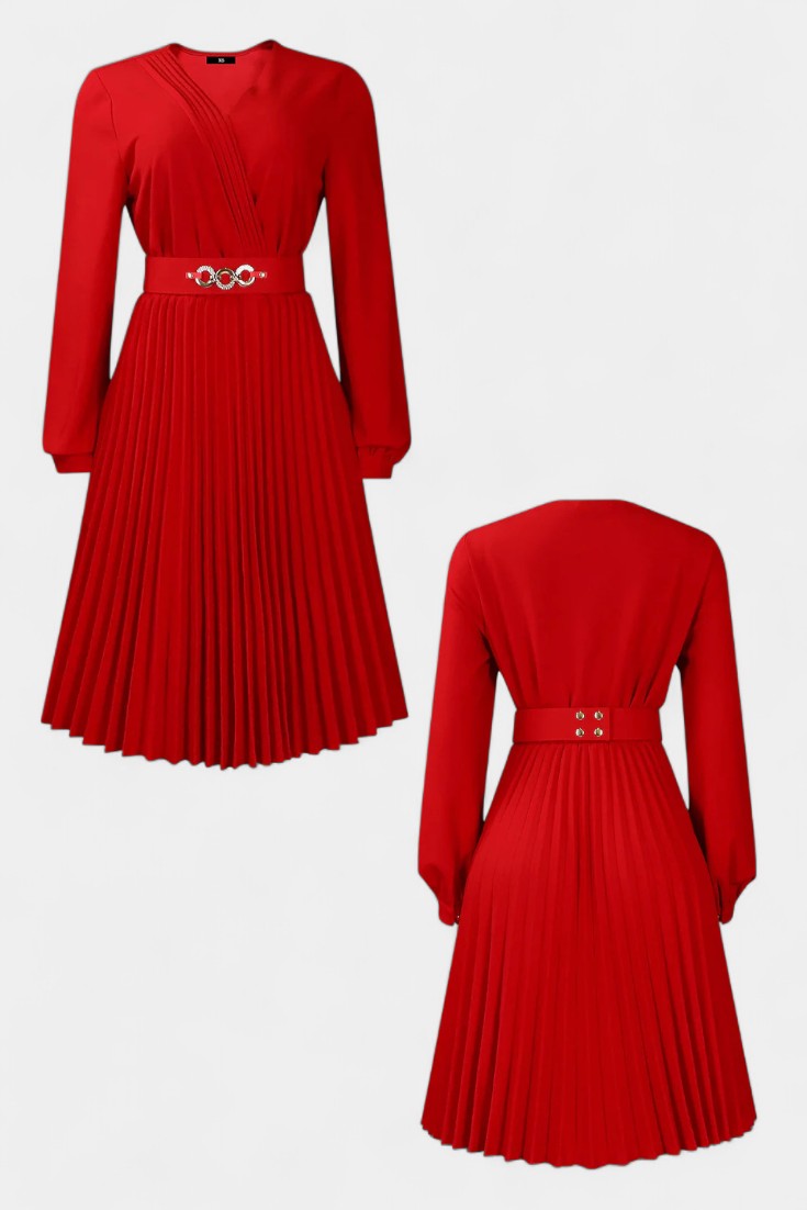 Lucie Robe Midi Plissée à Manches Longues et Ceinture