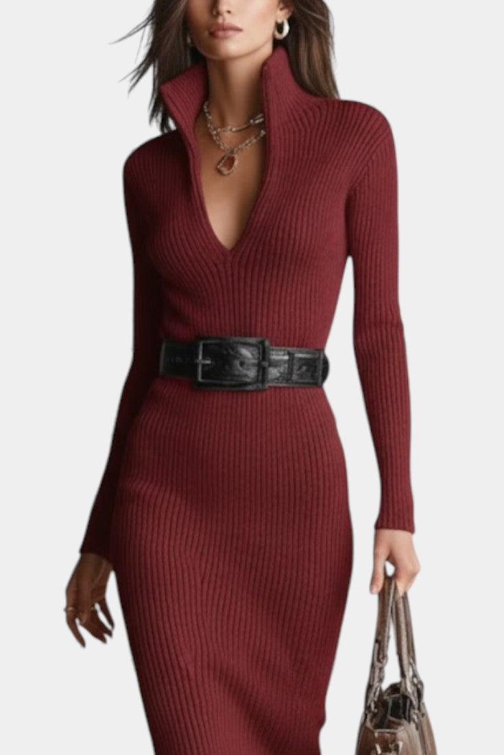 Susana Robe Midi Tricotée Ajustée à Col Demi-Roulé et Décolleté en V sans Ceinture
