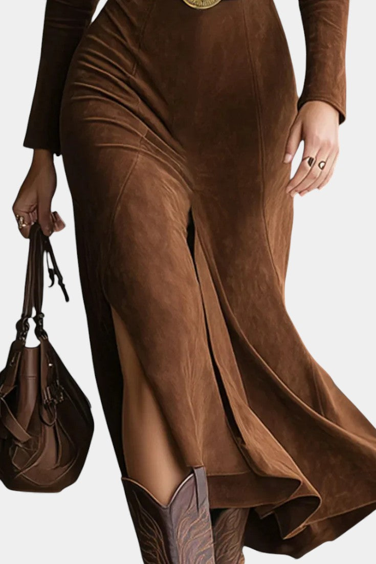 Julia Robe Fendue en Faux Suède Style Western Rétro avec Ceinture