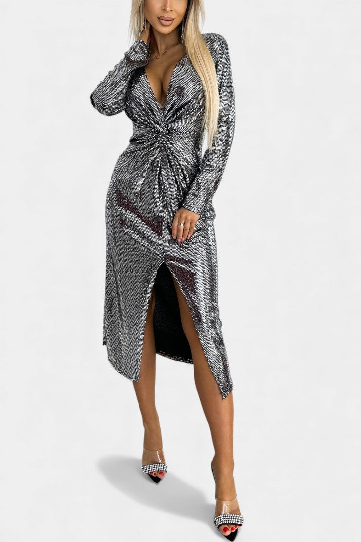 Sofina Robe Pailletée à Décolleté en V et Fente Élégante