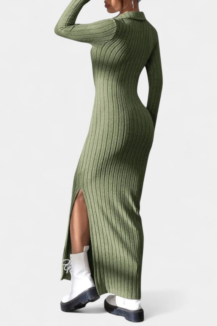 Élidia Robe Maxi Fendue à Col en V et Silhouette Ajustée