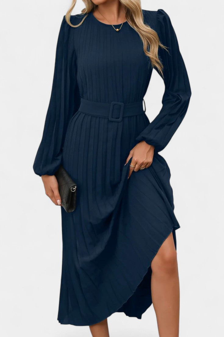 Christelle Robe Longue Plissée à Manches Bouffantes et Ceinture
