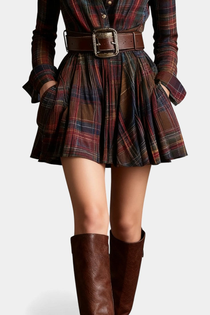 Bogdana Robe Mini Vintage à Carreaux avec Ceinture
