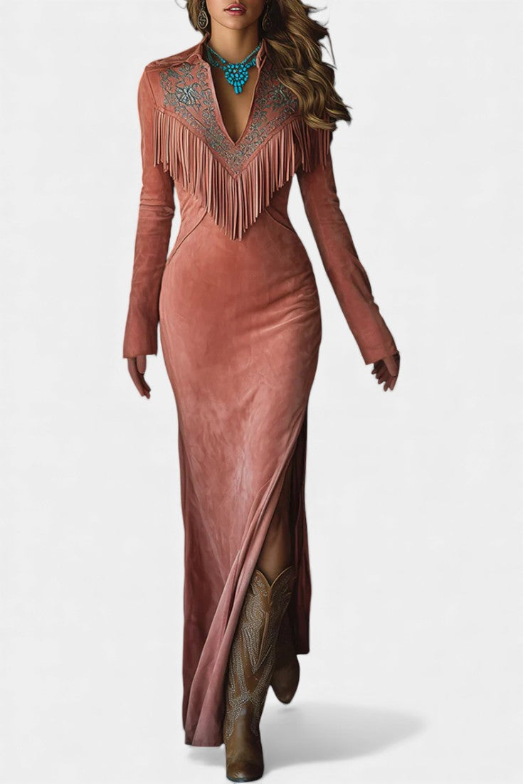 Ambre Robe Maxi en Suède Synthétique Rose Brodée avec Franges Western