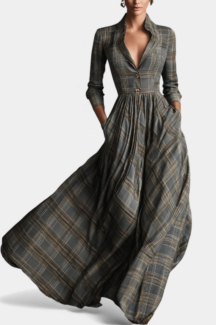 Philae Robe Longue Évasée à Motif Tartan Raffiné